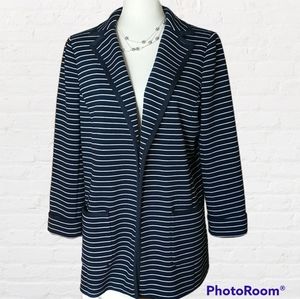 Talbots knit blazer jacket navy blue and white stripe lined size M
